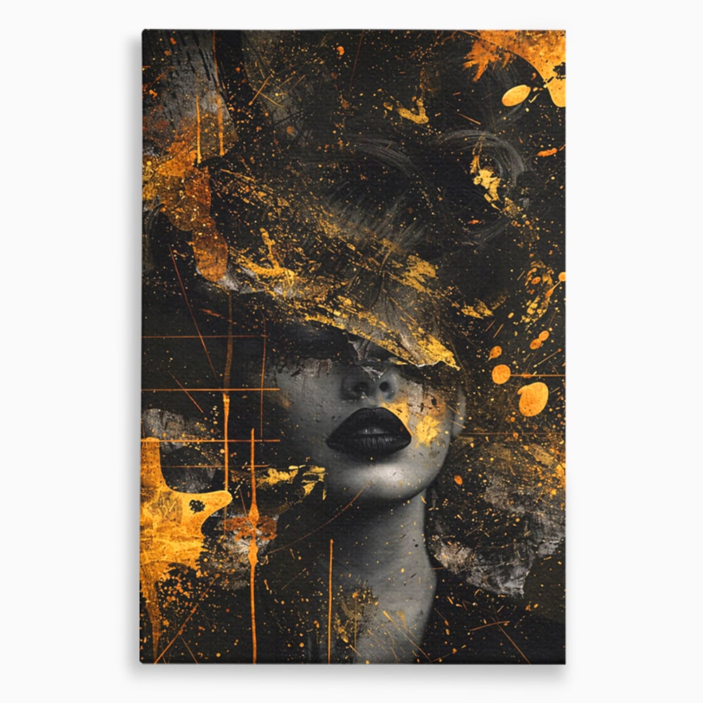 Tablou canvas cu tablou canvas cu portret feminin si pete aurii, fara rama, pe sasiu de lemn